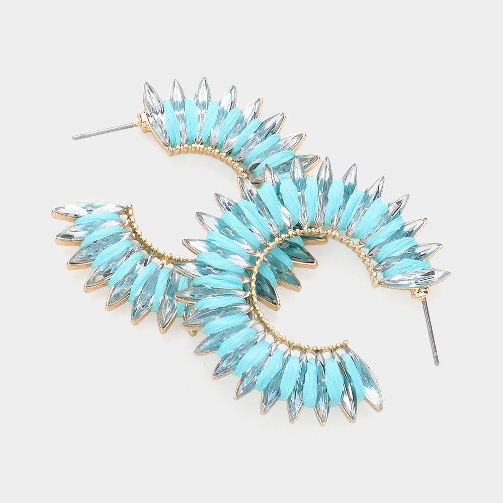 Turquoise Raffia Wrapped Marquise Stone Cluster Hoop Earrings