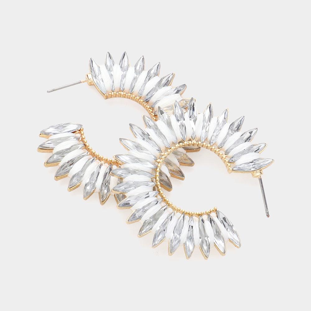 White Raffia Wrapped Marquise Stone Cluster Hoop Earrings