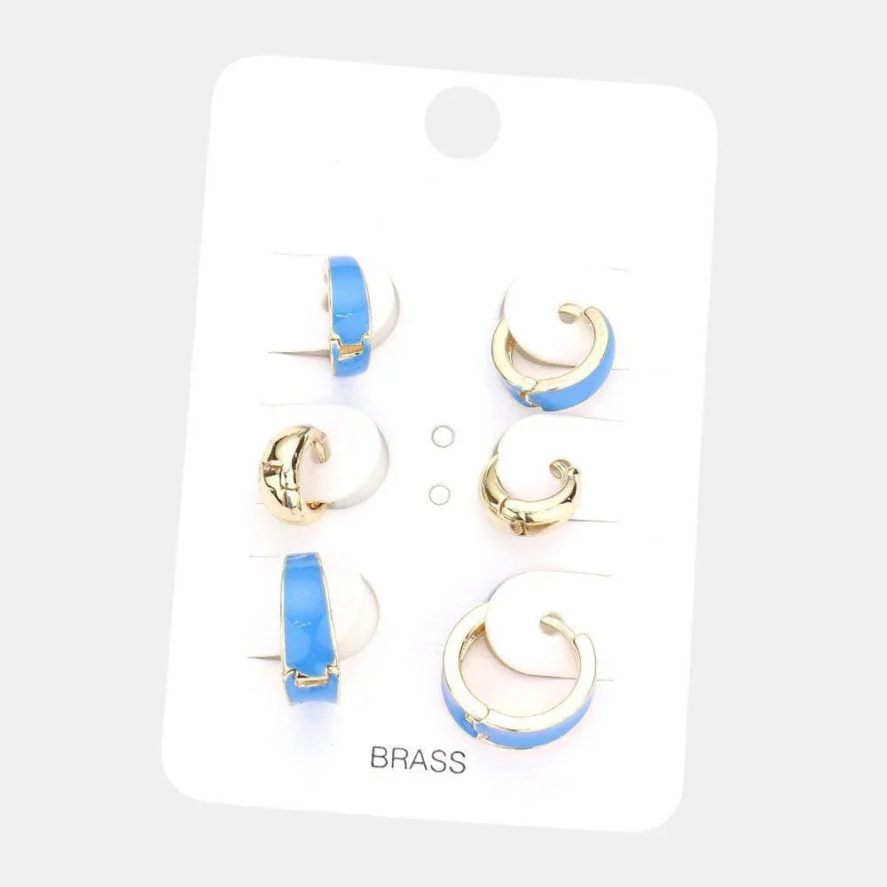 Blue 3Pairs - Brass Metal Enamel Huggie Hoop Earrings - Jewelry Store by Erik Rayo