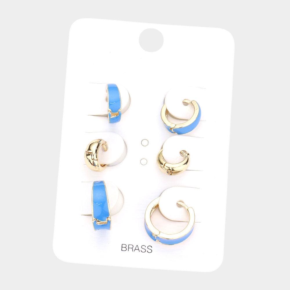 Blue 3Pairs - Brass Metal Enamel Huggie Hoop Earrings