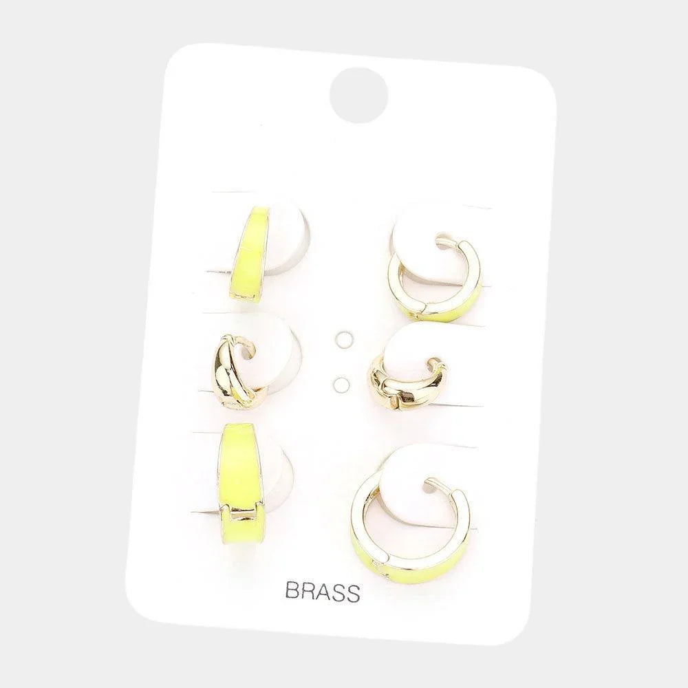 Yellow 3Pairs - Brass Metal Enamel Huggie Hoop Earrings - Jewelry Store by Erik Rayo