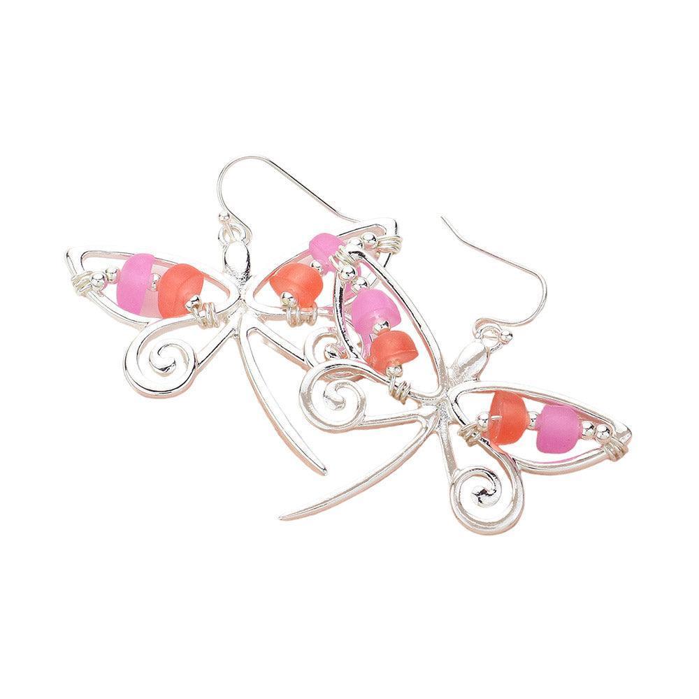 Silver Bean Beads Accented Metal Wire Dragonfly Dangle Earrings - Jewelry Store by Erik Rayo