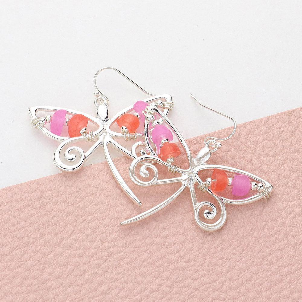 Silver Bean Beads Accented Metal Wire Dragonfly Dangle Earrings - Jewelry Store by Erik Rayo