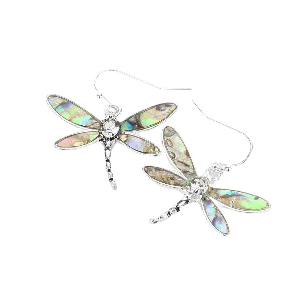 Silver Abalone Dragonfly Dangle Earrings - Jewelry Store by Erik Rayo