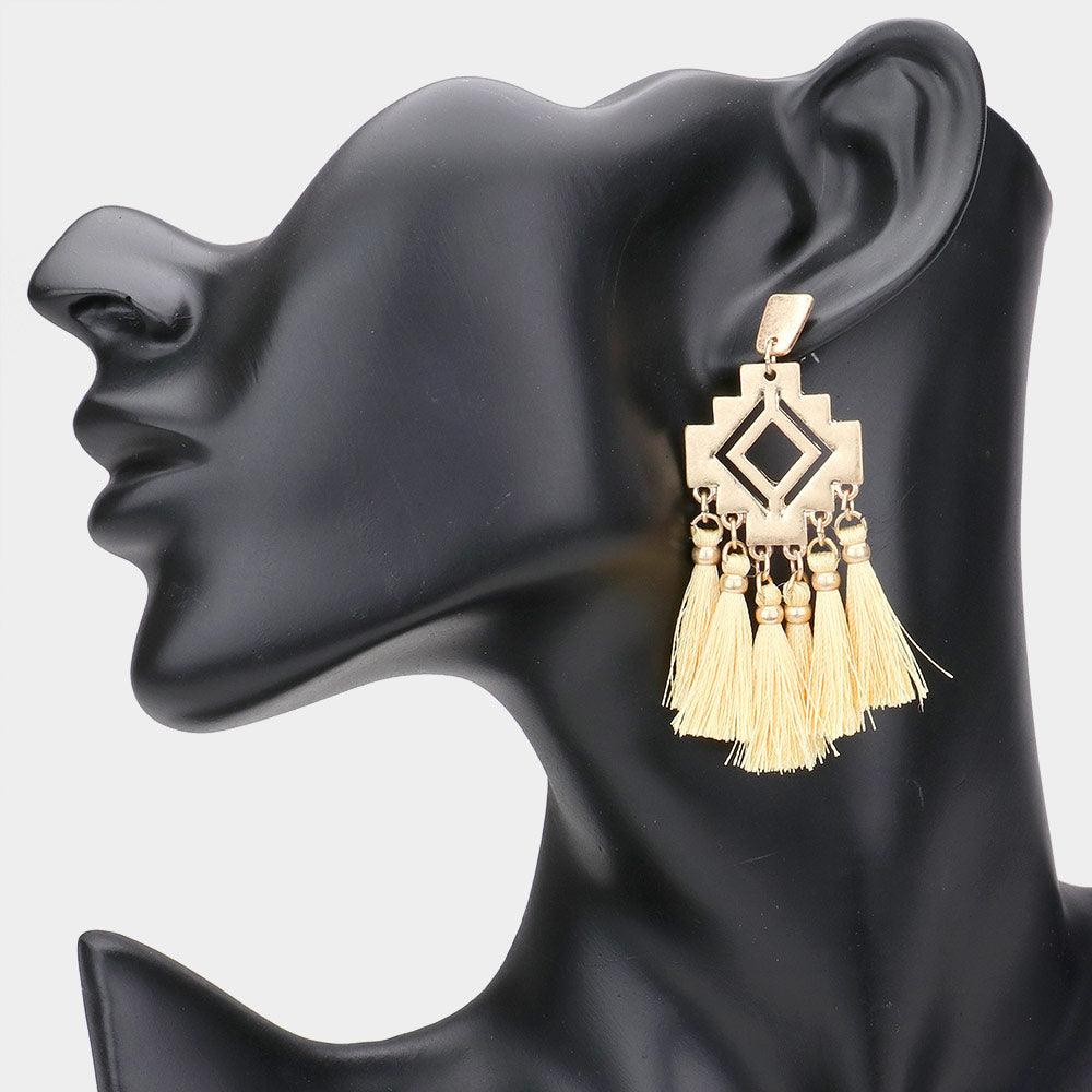 Yellow Boho Cut Out Metal Tassel Dangle Earrings