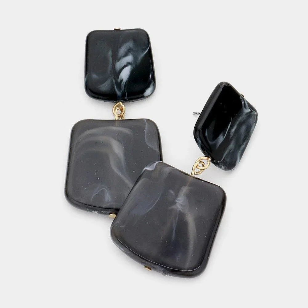 Black Marbled Double Square Link Dangle Earrings - Jewelry Store by Erik Rayo