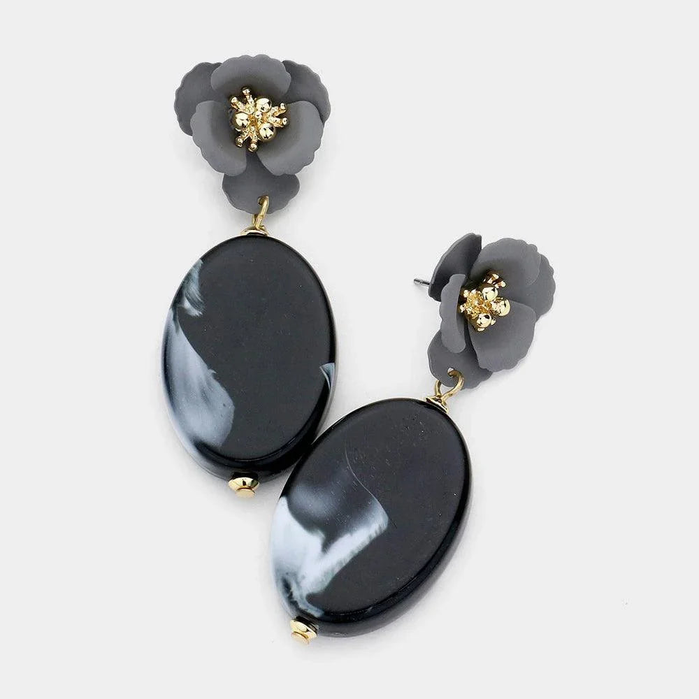 Black Bloom Flower Marbled Oval Link Dangle Earrings - Jewelry Store by Erik Rayo