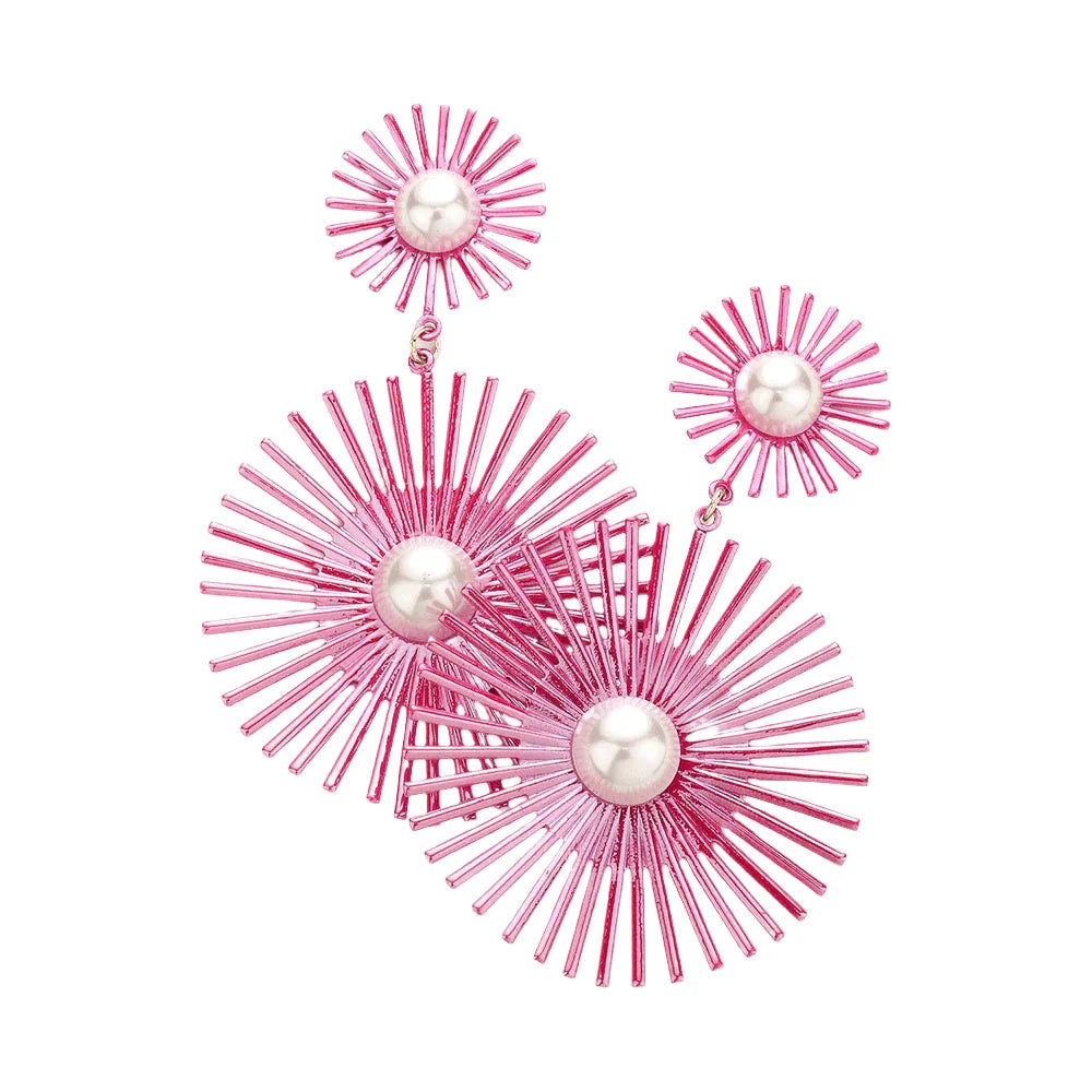 Fuchsia Pearl Centered Colored Abstract Dangle Earrings - Jewelry Store by Erik Rayo