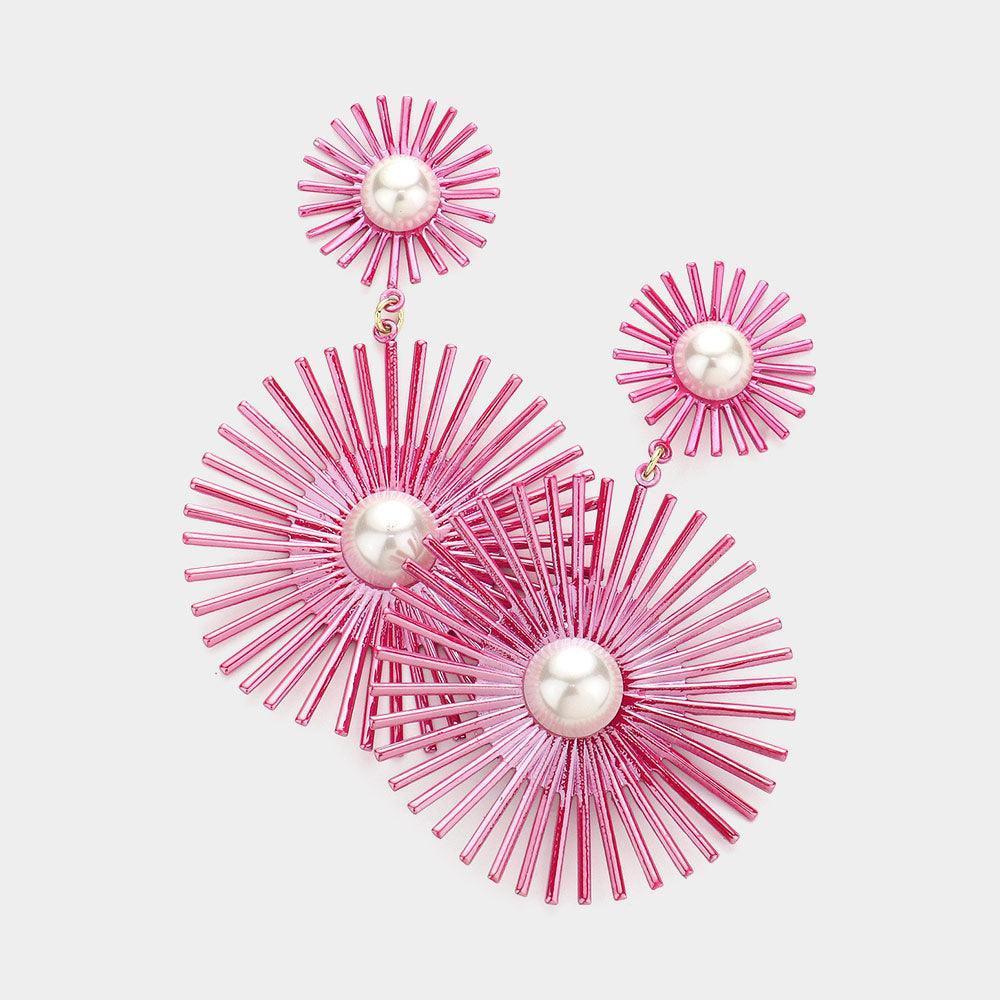 Fuchsia Pearl Centered Colored Abstract Dangle Earrings - Jewelry Store by Erik Rayo