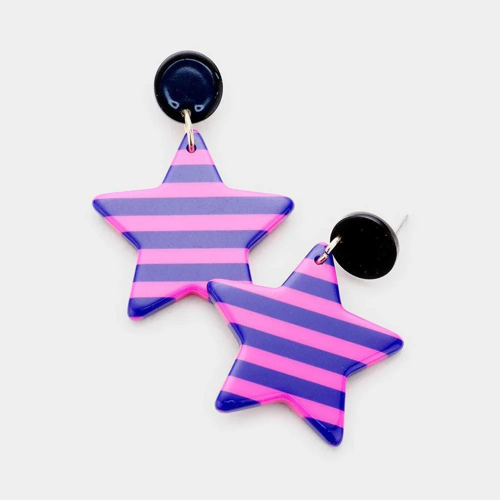 Purple Stripe Star Dangle Earrings - Jewelry Store by Erik Rayo