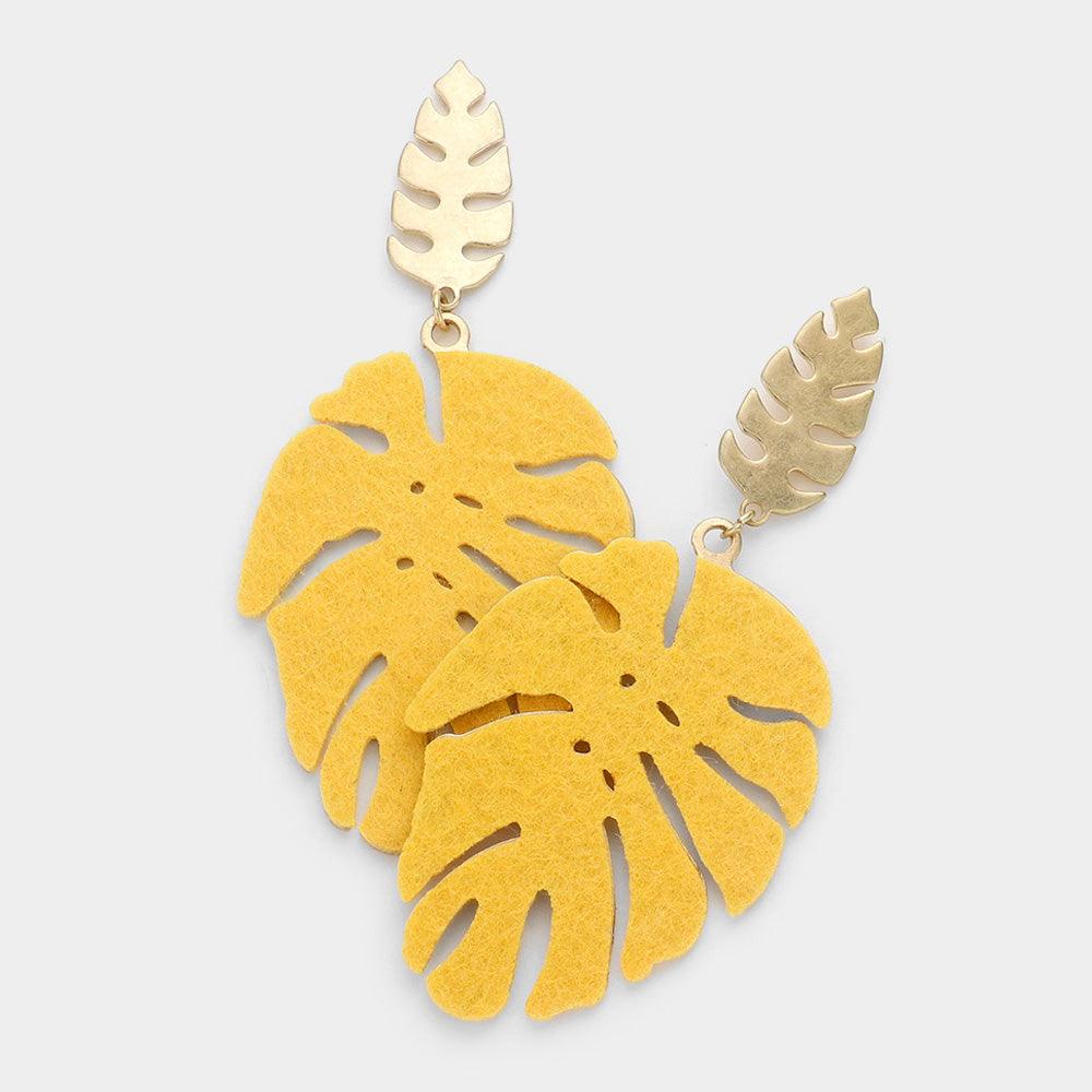 Yellow Metal Back Felt Leaf Dangle Earrings