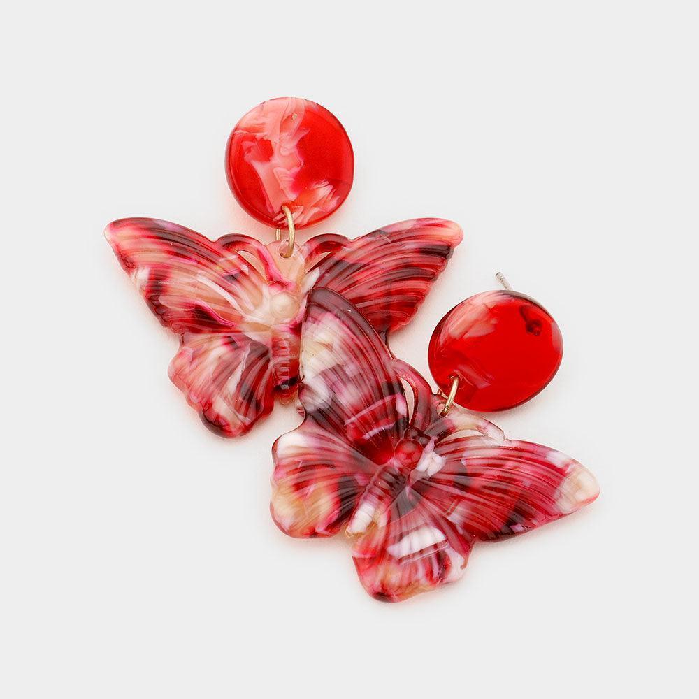 Red Celluloid Acetate Butterfly Dangle Earrings - Jewelry Store by Erik Rayo