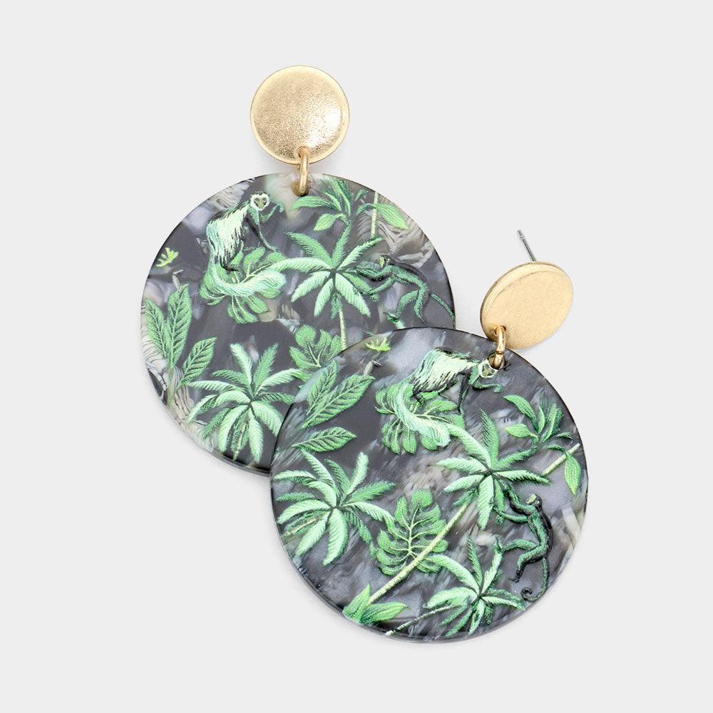 Green Leaf Printed Celluloid Acetate Round Dangle Earrings