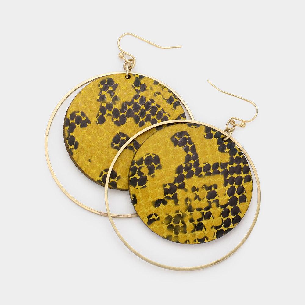 Yellow Snake Patterned Faux Leather Round Dangle Earrings