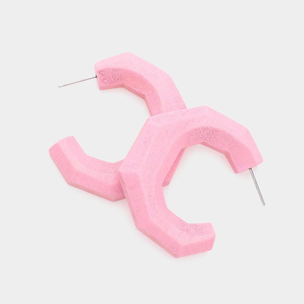 Pink Angled Wood Hoop Earrings - Jewelry Store by Erik Rayo