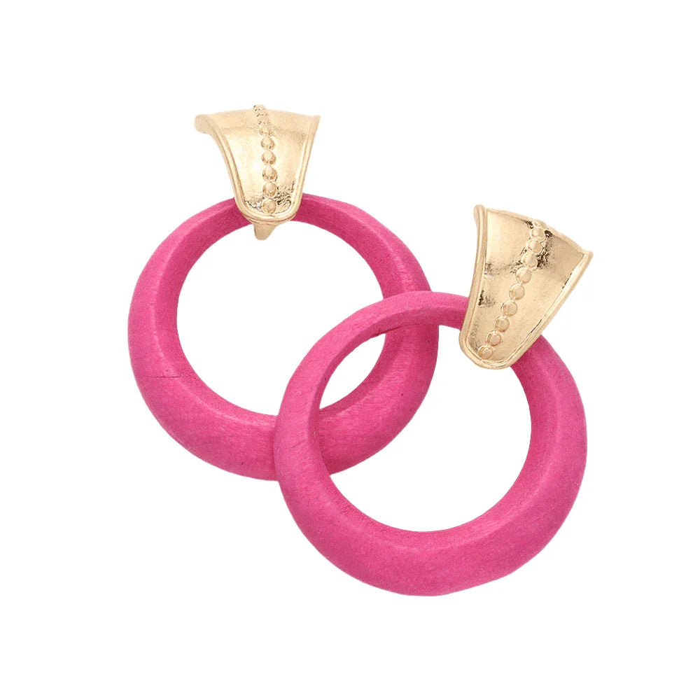 Fuchsia Wood Open Circle Dangle Earrings - Jewelry Store by Erik Rayo