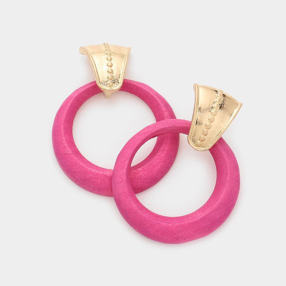 Fuchsia Wood Open Circle Dangle Earrings - Jewelry Store by Erik Rayo