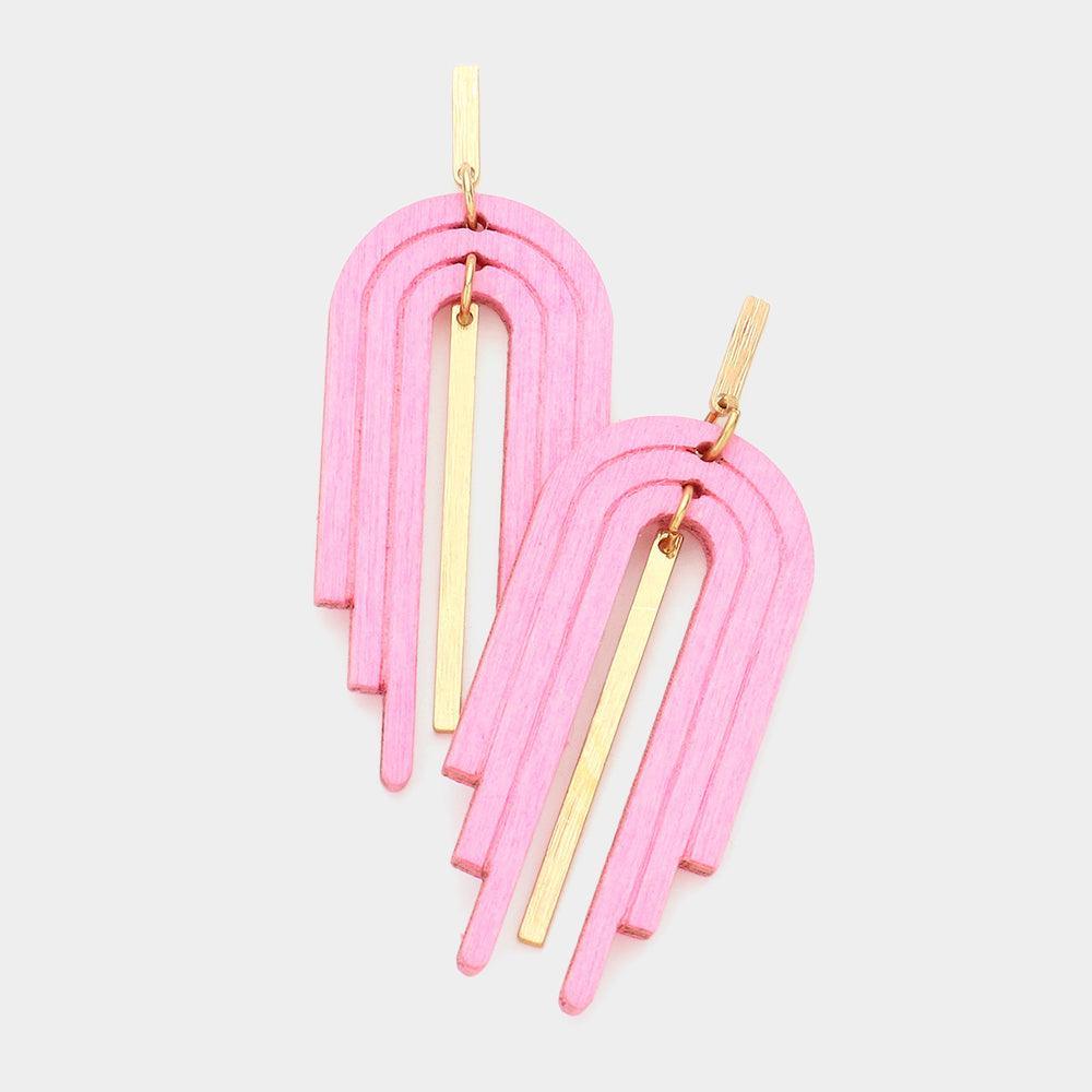 Pink Curved Wood Metal Bar Link Dangle Earrings