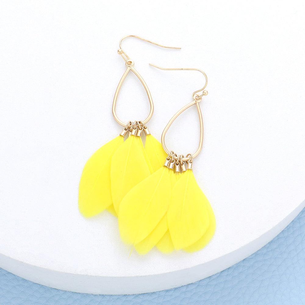 Yellow Open Metal Teardrop Feather Link Dangle Earrings