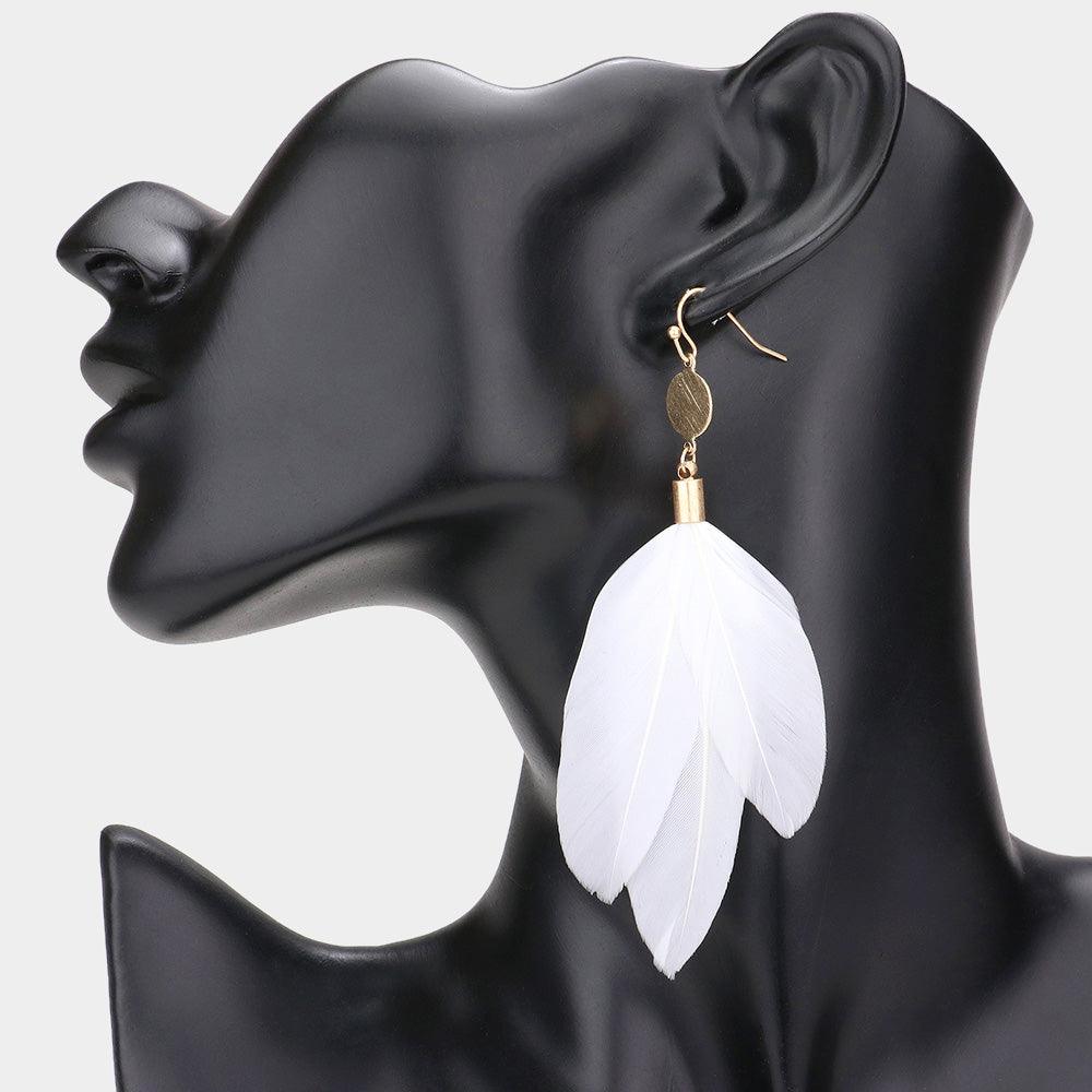 White Metal Disc Feather Link Dangle Earrings