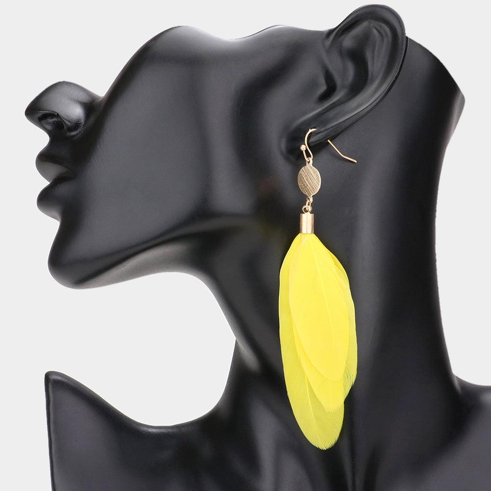 Yellow Metal Disc Feather Link Dangle Earrings