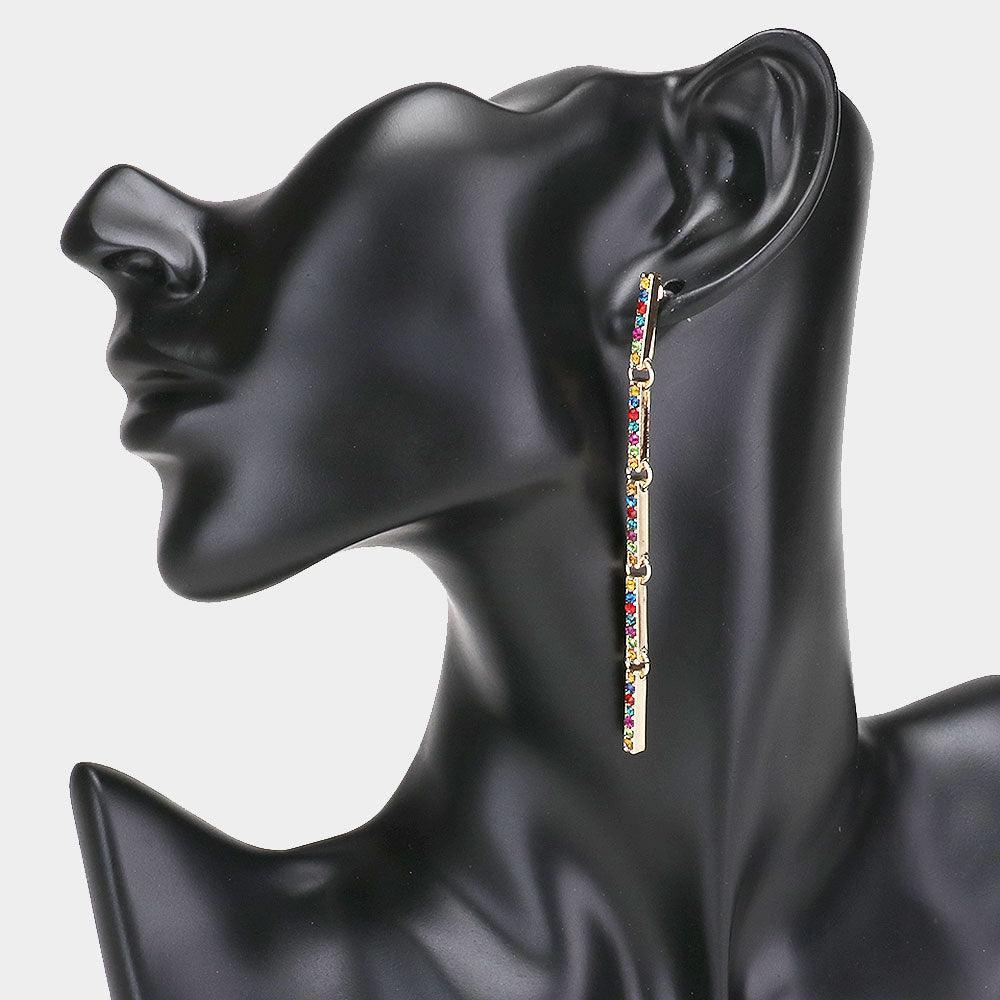 Rhinestone Embellished Metal Bar Link Dangle Earrings - Jewelry Store by Erik Rayo