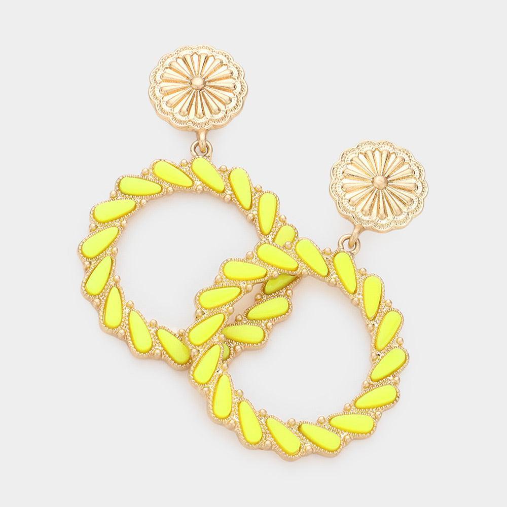 Yellow Teardrop Bead Embellished Open Circle Dangle Earrings - Jewelry Store by Erik Rayo
