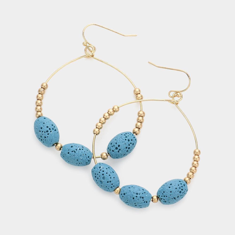 Blue Triple Lava Rock Basalt Bead Accented Open Circle Dangle Earrings - Jewelry Store by Erik Rayo