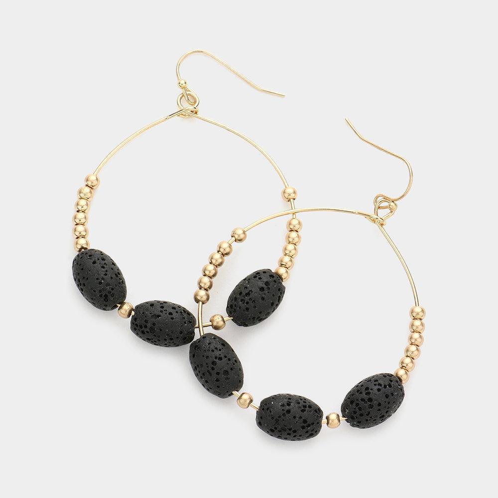 Black Triple Lava Rock Basalt Bead Accented Open Circle Dangle Earrings - Jewelry Store by Erik Rayo