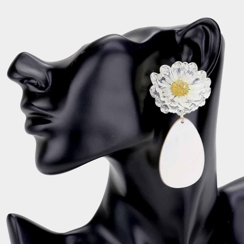 Flower Accented Mother of Pearl Teardrop Link Earrings - Jewelry Store by Erik Rayo