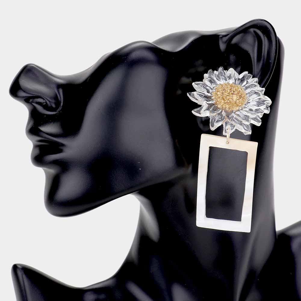 Flower Accented Open Mother of Pearl Rectangle Link Earrings - Jewelry Store by Erik Rayo
