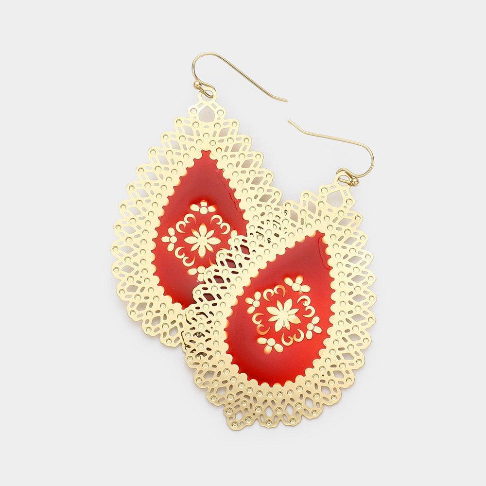 Burgundy Lacquered Metal Dangle Earrings - Jewelry Store by Erik Rayo