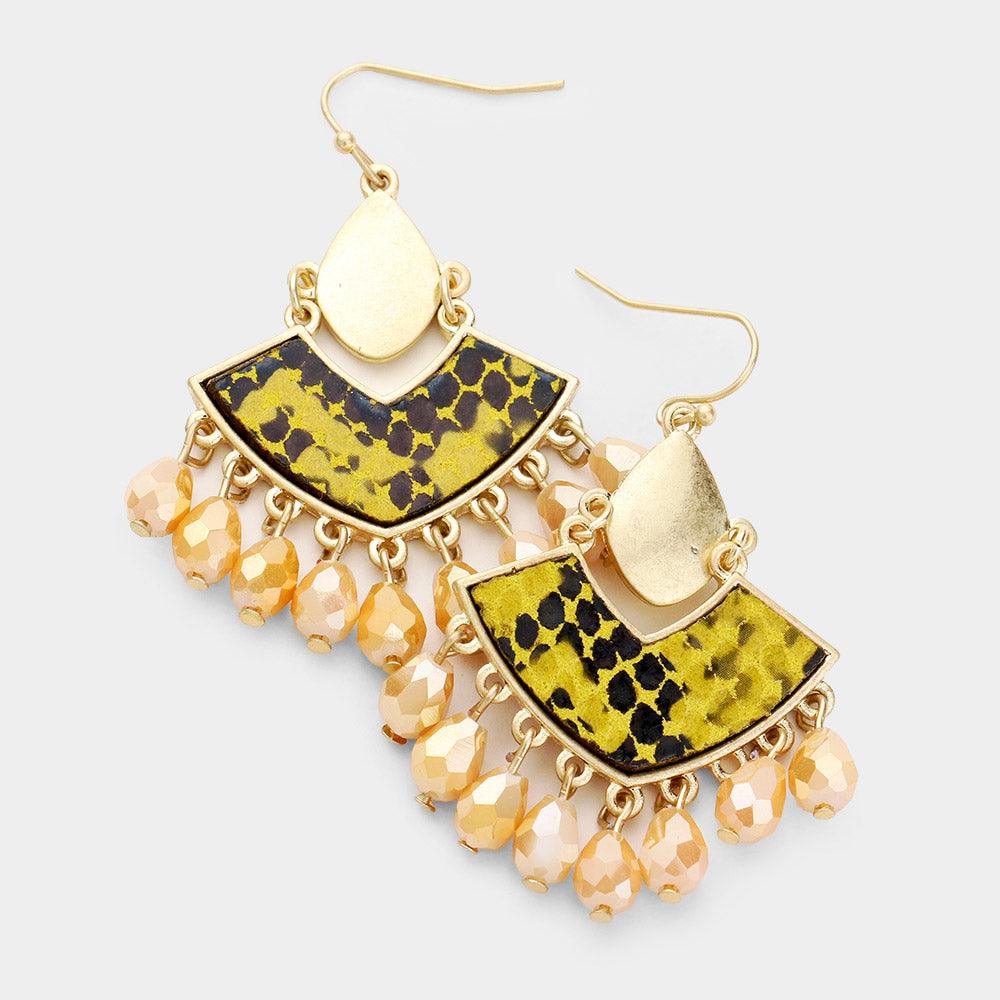 Yellow Animal Pattern Metal Trim Crystal Bead Dangle Earrings