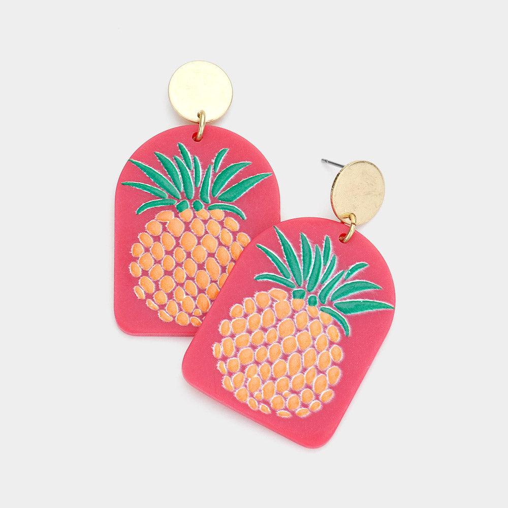 Pink Pineapple Printed Resin Dangle Earrings