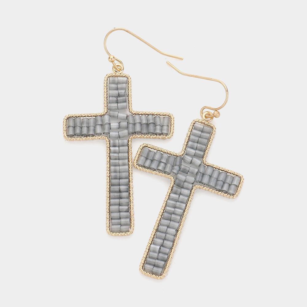 Black Beaded Cross Dangle Earrings - Jewelry Store by Erik Rayo