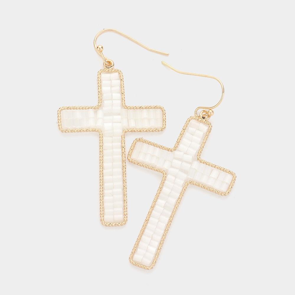 White Beaded Cross Dangle Earrings