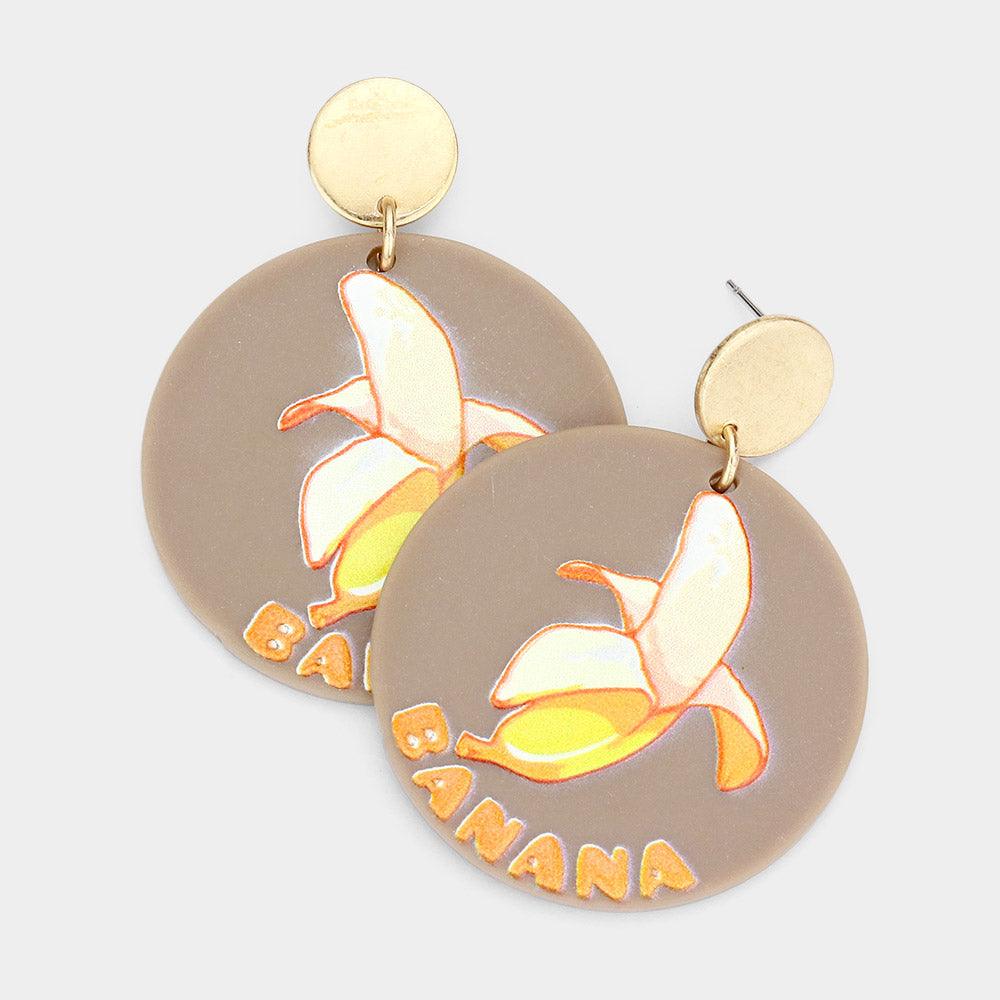 Brown Banana Printed Resin Round Dangle Earrings