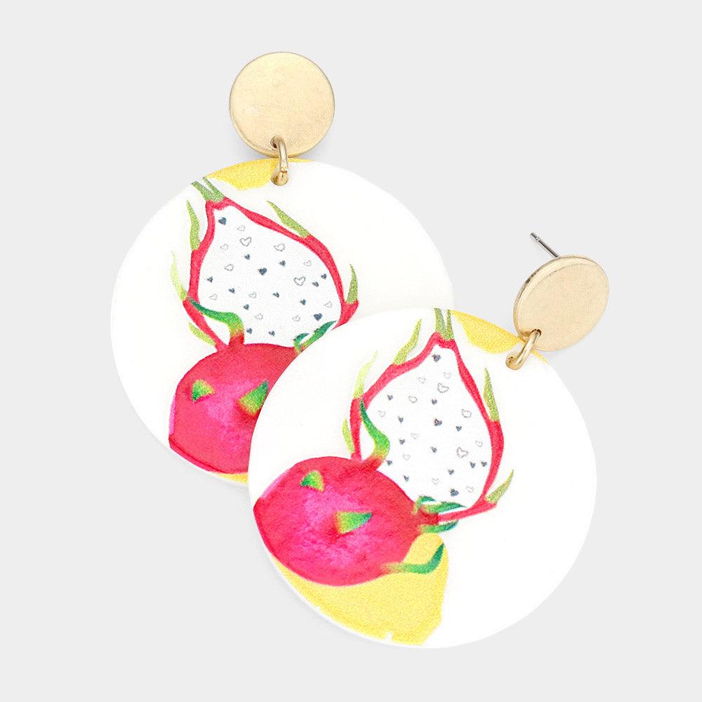 White Dragon Fruit Printed Resin Round Dangle Earrings