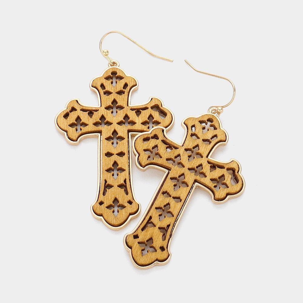 Brown Cut Out Wood Cross Dangle Earrings - Jewelry Store by Erik Rayo