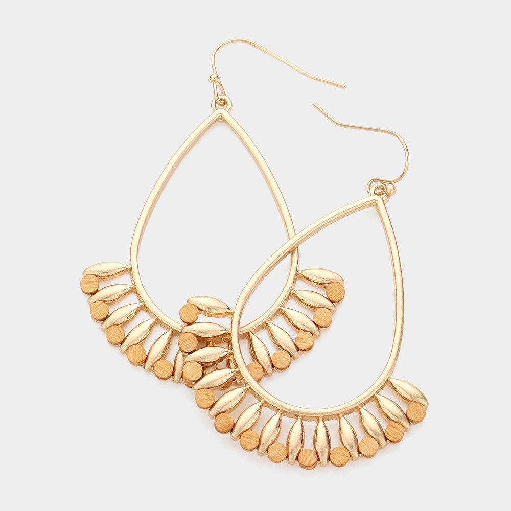 Brown Round Wood Pointed Metal Wire Teardrop Dangle Earrings - Jewelry Store by Erik Rayo