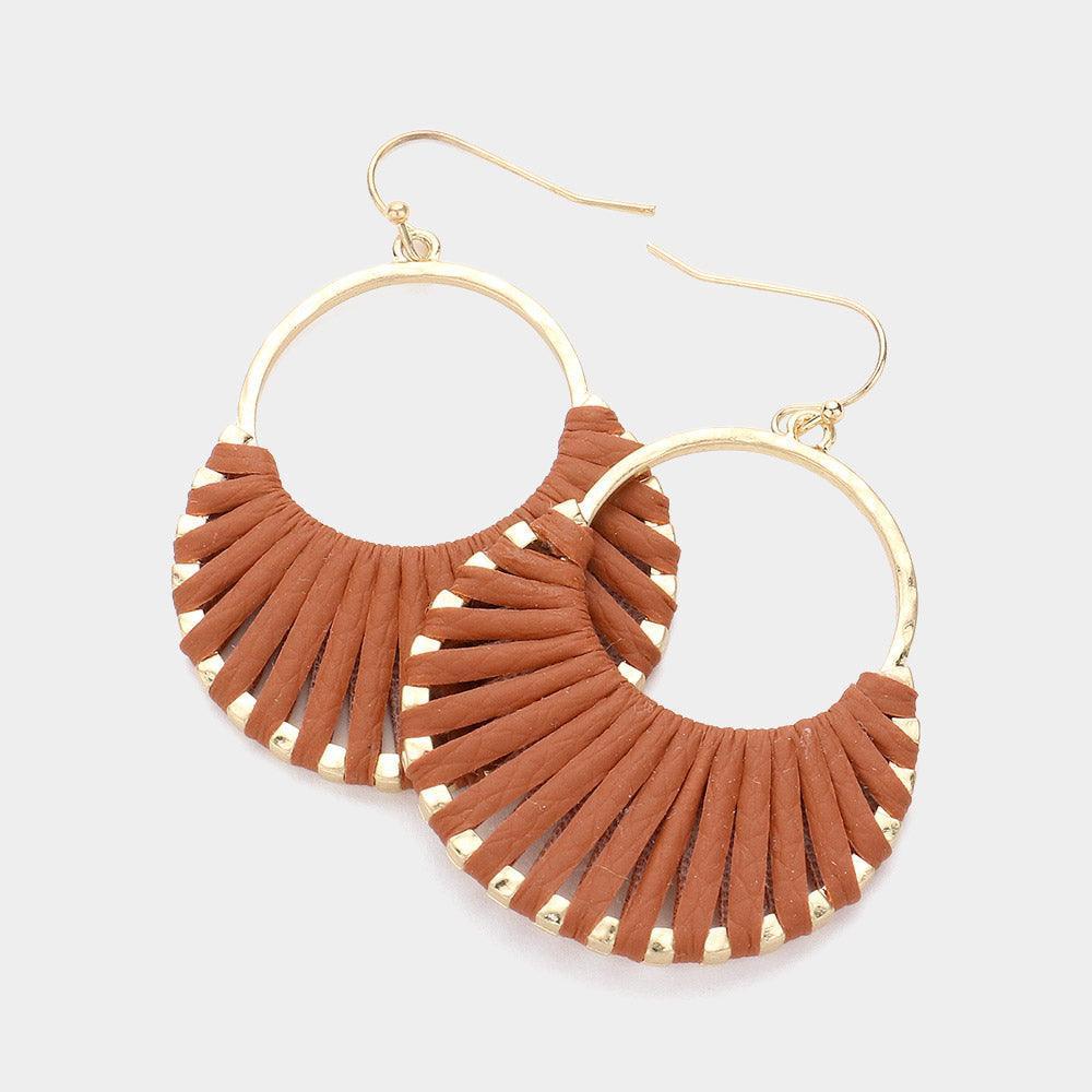 Brown Faux Leather Wrapped Crescent Dangle Earrings - Jewelry Store by Erik Rayo