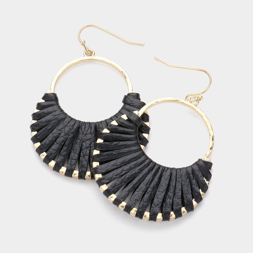 Black Faux Leather Wrapped Crescent Dangle Earrings - Jewelry Store by Erik Rayo