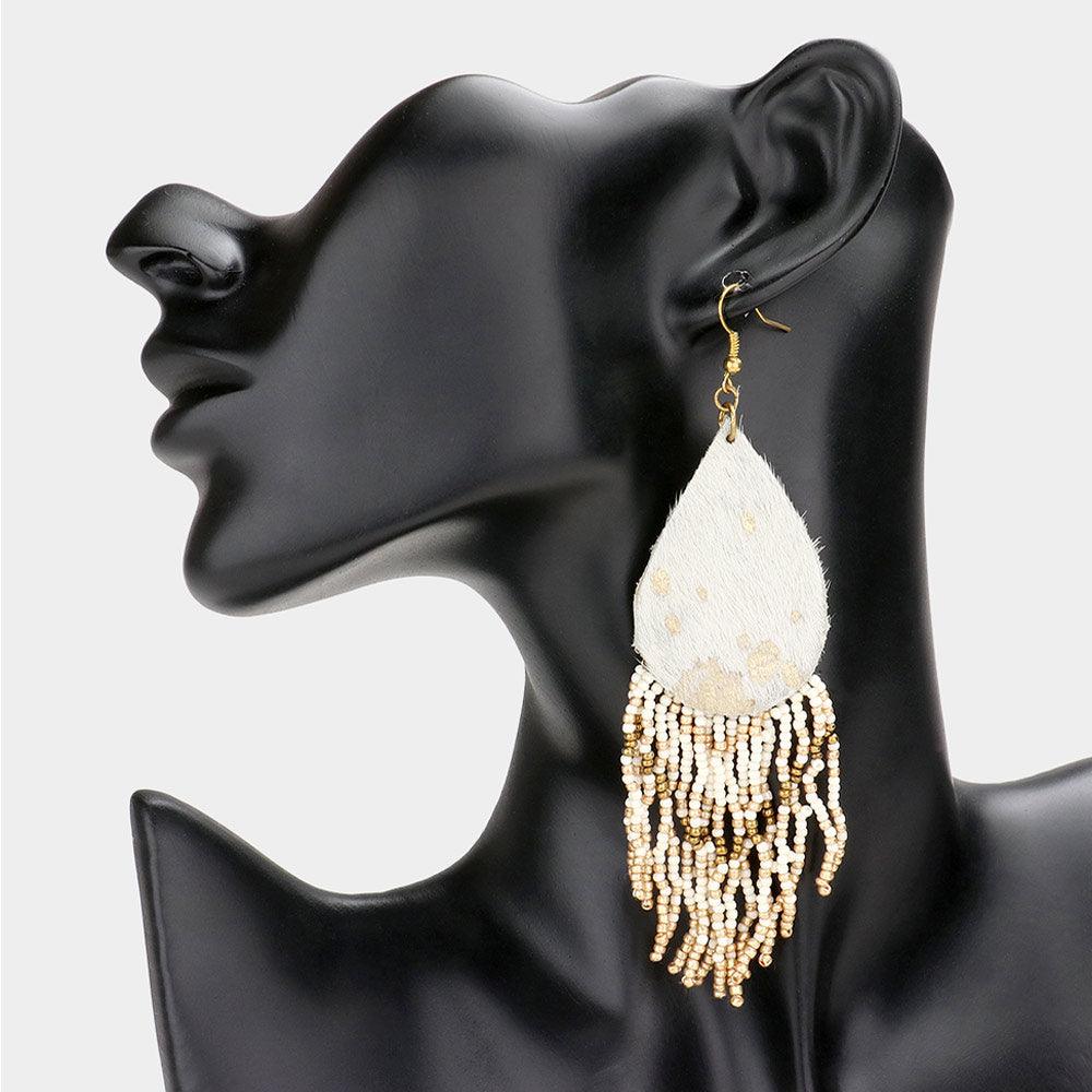 White Gold Foiled Genuine Leather Calf Teardrop Seed Beaded Fringe Dangle Earrings