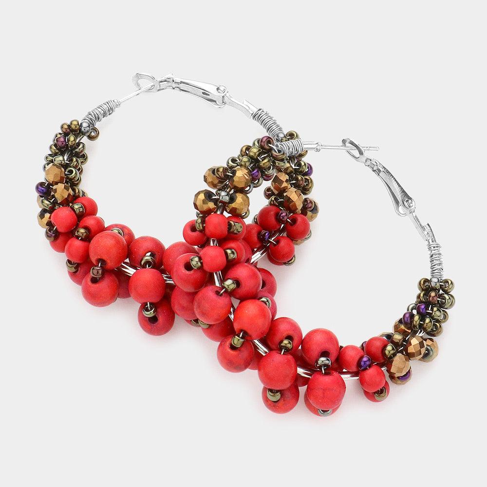 Red Crystal Bead Ball Cluster Hoop Earrings