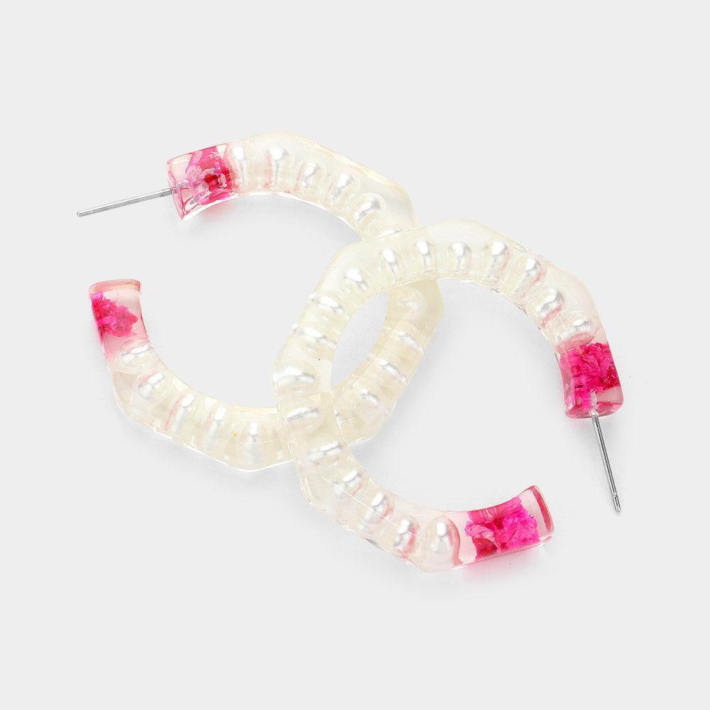 Cream Pressed Flower Pearl Heptagon Lucite Hoop Earrings - Jewelry Store by Erik Rayo