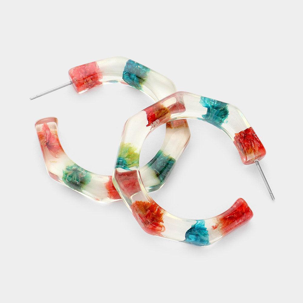 Red Pressed Flower Heptagon Lucite Hoop Earrings - Jewelry Store by Erik Rayo