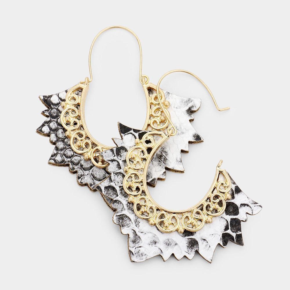 White Animal Pattern Faux Leather Gold Metal Earrings - Jewelry Store by Erik Rayo