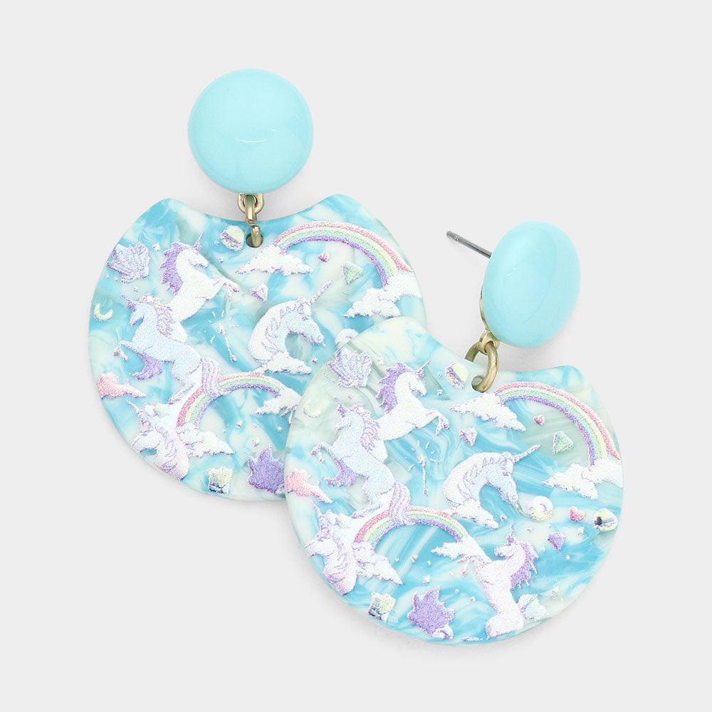 Blue Unicorn Printed Marbled Round Dangle Earrings - Jewelry Store by Erik Rayo