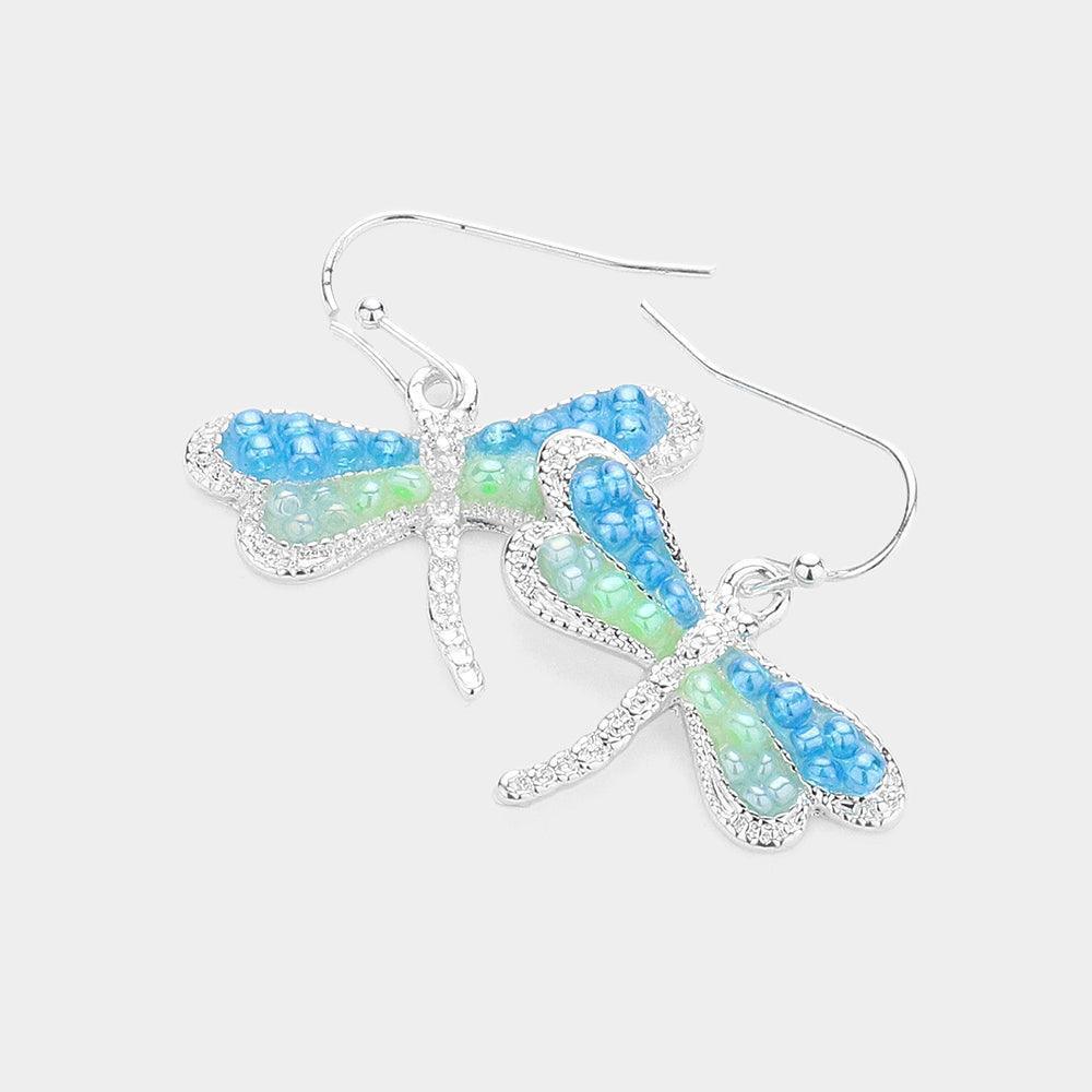 Turquoise Beads Embellished Dragonfly Dangle Earrings - Jewelry Store by Erik Rayo