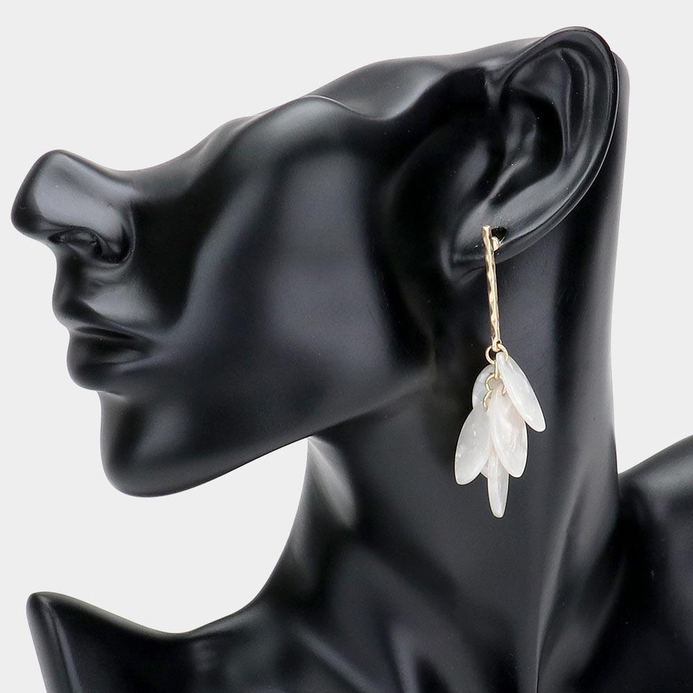 White Marquise Shaped Celluloid Acetate Oval Cluster Dangle Earrings